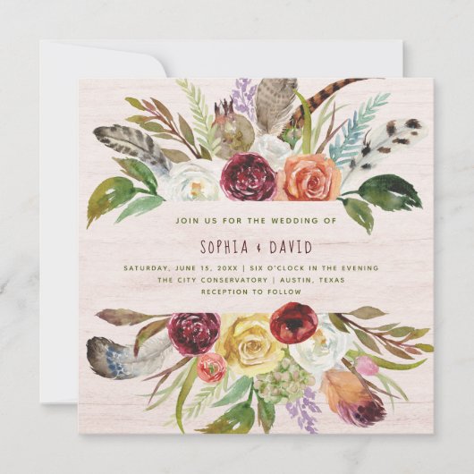 Invitation Boho épousant | Bourgogne et fleurs oranges sur le (Devant)