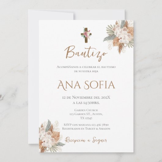 Invitation Boho Espagnol Baptême Girl (Devant)