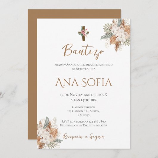 Invitation Boho Espagnol Baptême Girl (Devant / Derrière)