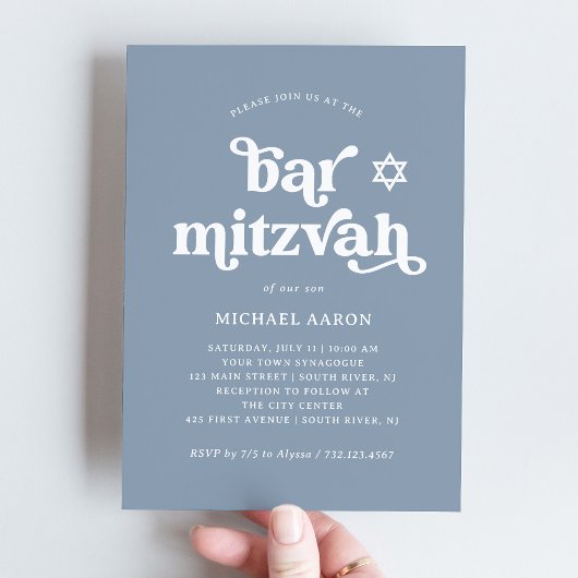 Invitation Boho et Rétro Bleu Poussiéreux | Bar Mitzvah