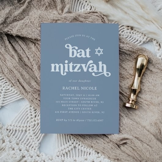 Invitation Boho et Rétro Bleu Poussiéreux | Bat Mitzvah