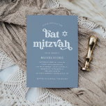 Invitation Boho et Retro Dusty Blue | BAT MITZVAH<br><div class="desc">Cette invitation Bat mitzvah simple et boho présente une typographie blanche et rétro sur un joli arrière - plan bleu poussiéreux avec une étoile de David correspondante.</div>