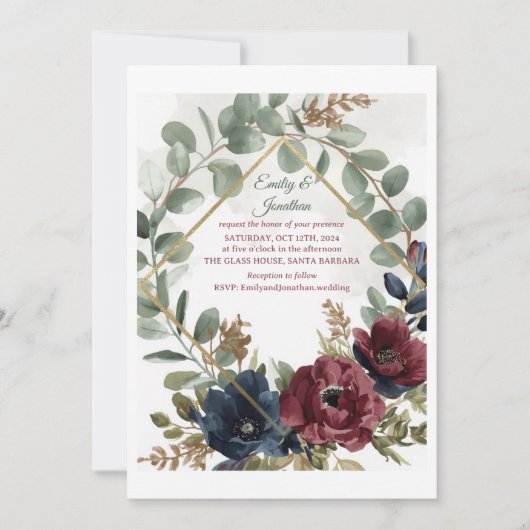 Invitation Boho Eucalyptus and Dark Red Flowers Wedding Invit (Devant)
