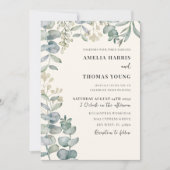 Invitation Boho Eucalyptus Aquarelle Bleu & Beige Mariage (Devant)