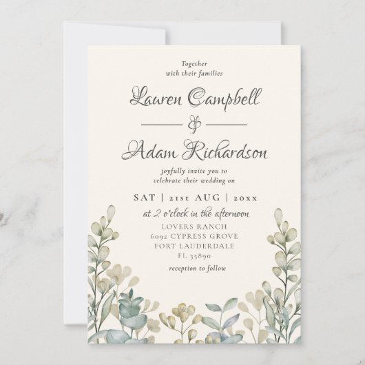 Invitation Boho Eucalyptus Aquarelle Bleu & Beige Mariage (Devant)