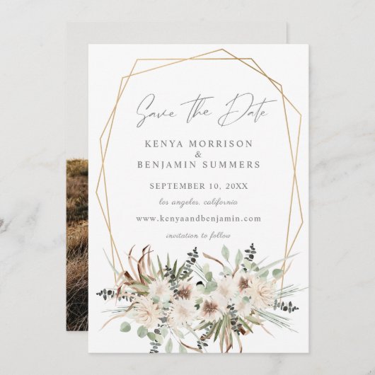 Invitation Boho Eucalyptus & Flore beige Enregistrer la date  (Devant / Derrière)