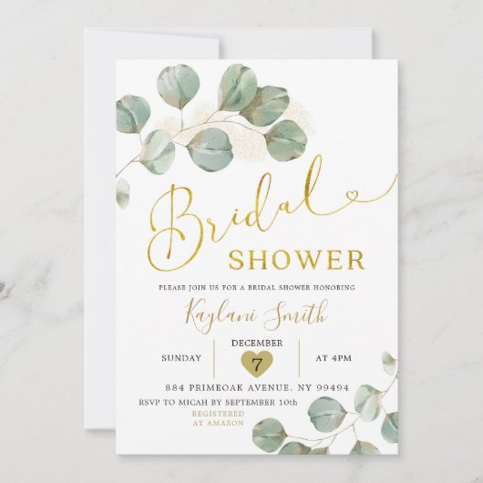Invitation Boho Eucalyptus Gold Fête des mariées de verdure (Devant)