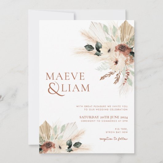 Invitation Boho Eucalyptus Green Flowers Pampas Mariage (Devant)