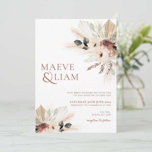 Invitation Boho Eucalyptus Green Flowers Pampas Mariage (Debout devant)