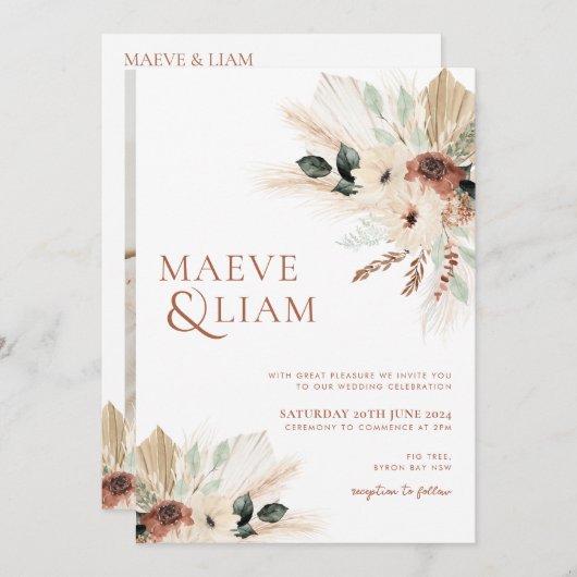 Invitation Boho Eucalyptus Green Flowers Pampas Mariage (Devant / Derrière)