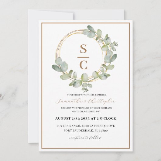 Invitation Boho Eucalyptus Mariage de couronnes vertes et dor (Devant)