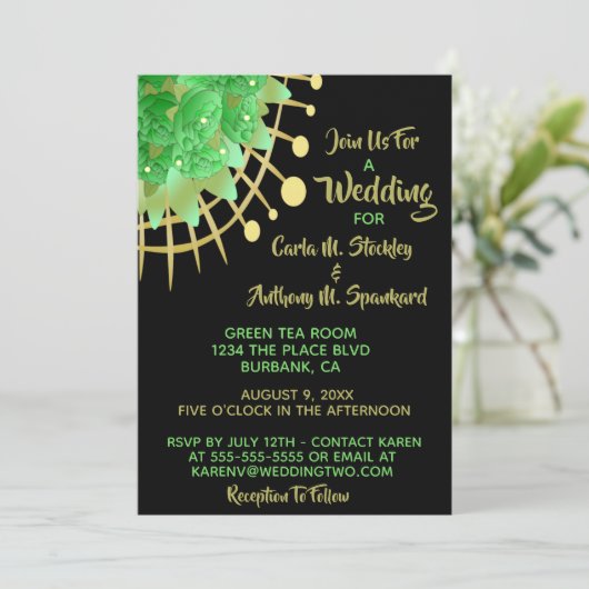 Invitation Boho Eucalyptus Vert Mariage noir & or (Debout devant)