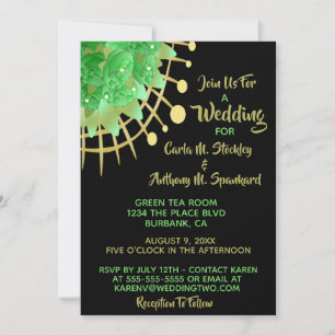 Invitation Boho Eucalyptus Vert Mariage noir & or