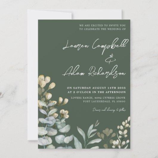 Invitation Boho Eucalyputus Mariage botanique vert foncé (Devant)