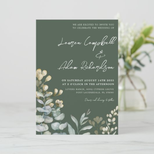 Invitation Boho Eucalyputus Mariage botanique vert foncé (Debout devant)