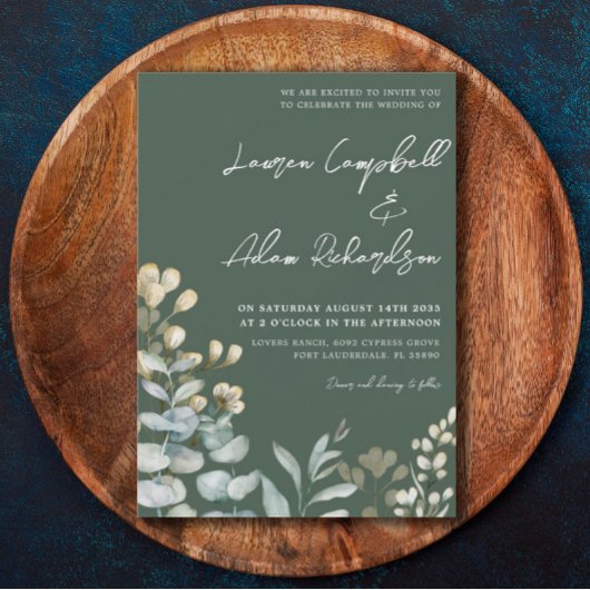 Invitation Boho Eucalyputus Mariage botanique vert foncé