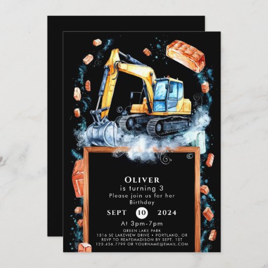 Invitation Boho Excavator Construction Anniversaire (Devant / Derrière)