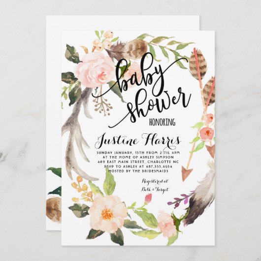 Invitation Boho fait varier le pas de l'invitation de baby (Devant / Derrière)