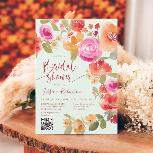 Invitation Boho Fall aquarelle fleurie QR menthe douche