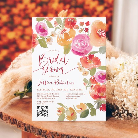 Invitation Boho Fall aquarelle florale QR douche nuptiale