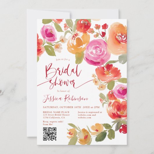 Invitation Boho Fall aquarelle florale QR douche nuptiale (Devant)