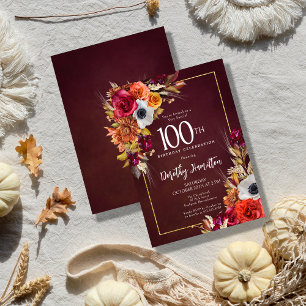 Invitation Boho Fall Bourgogne Script floral 100e anniversair