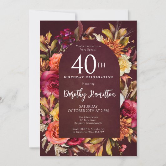 Invitation Boho Fall Burgundy Floral Script 40e Anniversaire (Devant)