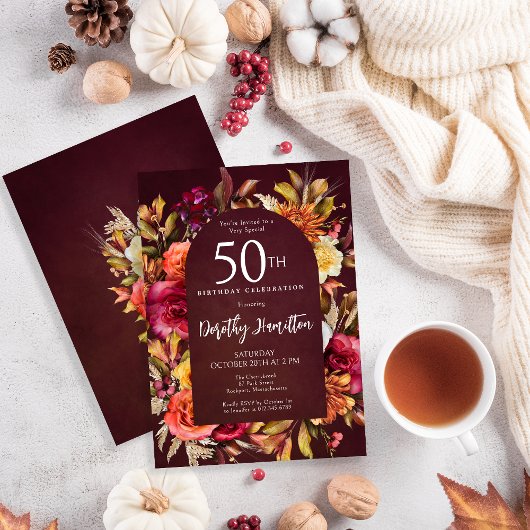 Invitation Boho Fall Burgundy Floral Script 50e Anniversaire