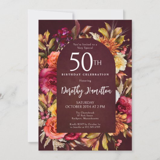 Invitation Boho Fall Burgundy Floral Script 50e Anniversaire (Devant)