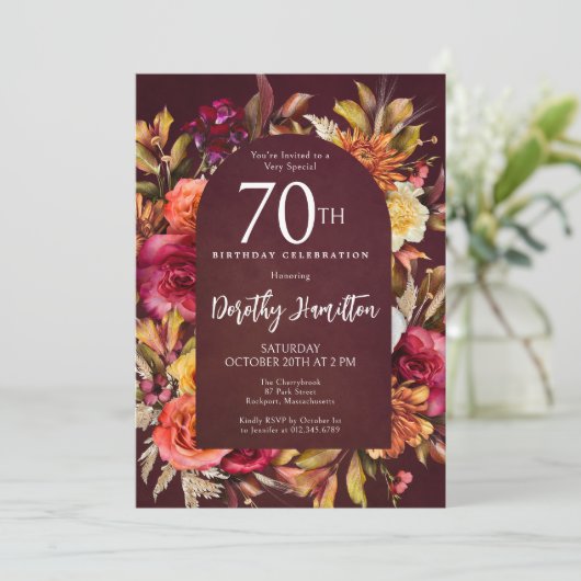 Invitation Boho Fall Burgundy Floral Script 70e anniversaire (Debout devant)