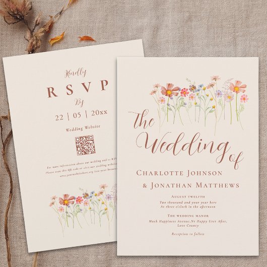 Invitation Boho Fall Fleur sauvage Beige Terracotta QR Code