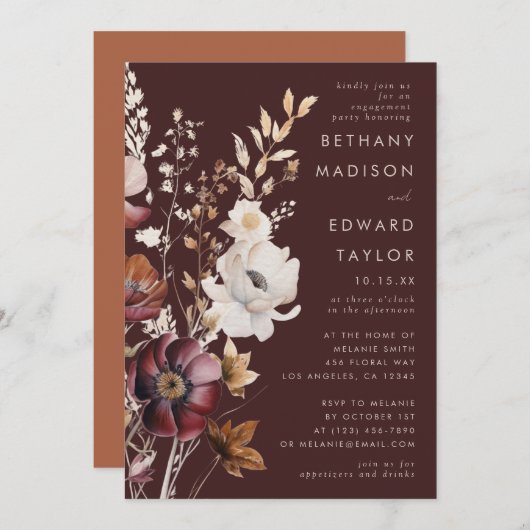 Invitation Boho Fall Fleur sauvage Brown Engagement Party (Devant / Derrière)