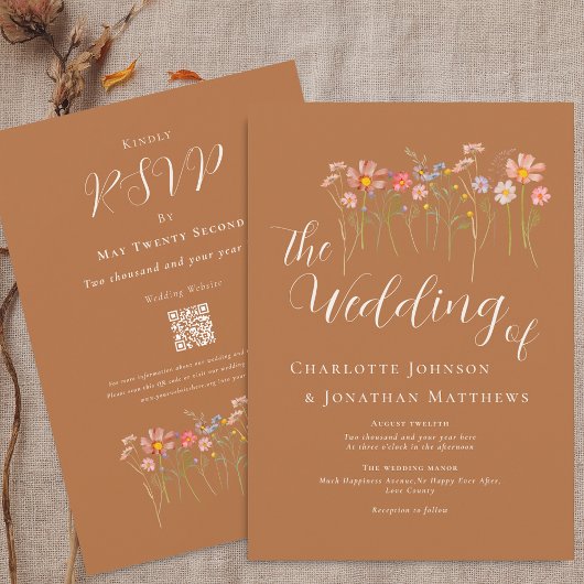 Invitation Boho Fall Fleur sauvage Brown Orange QR Code Maria