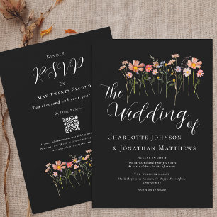 Invitation Boho Fall Fleur sauvage noir et blanc QR Code