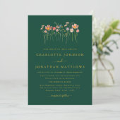 Invitation Boho Fall Fleur sauvage Vert foncé et Mariage or (Debout devant)