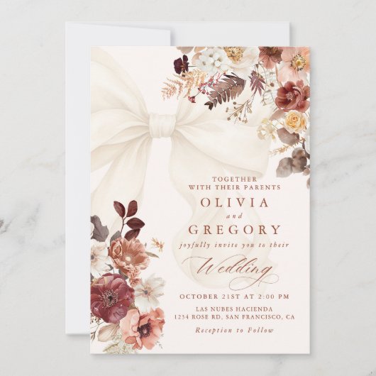 Invitation Boho Fall Floral Blanc Bow Mariage (Devant)