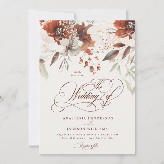 Invitation Boho Fall Floral Élégant Script Le Mariage De (Devant)