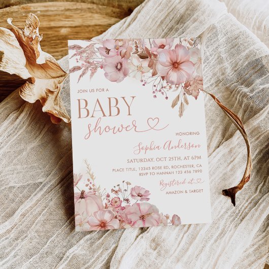 Invitation Boho Fall Floral Pumpkin Baby Shower 