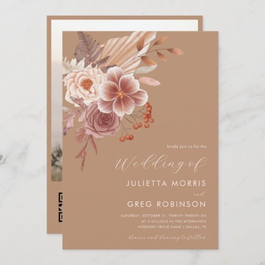Invitation Boho Fall Floral QR Code Photo Automne Mariage (Devant / Derrière)