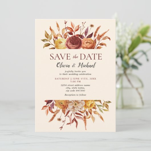 Invitation Boho Fall Floral Rustic Flowers Mariage (Debout devant)