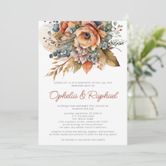 Invitation Boho Fall Florals Terracotta Bohemian Mariage (Debout devant)