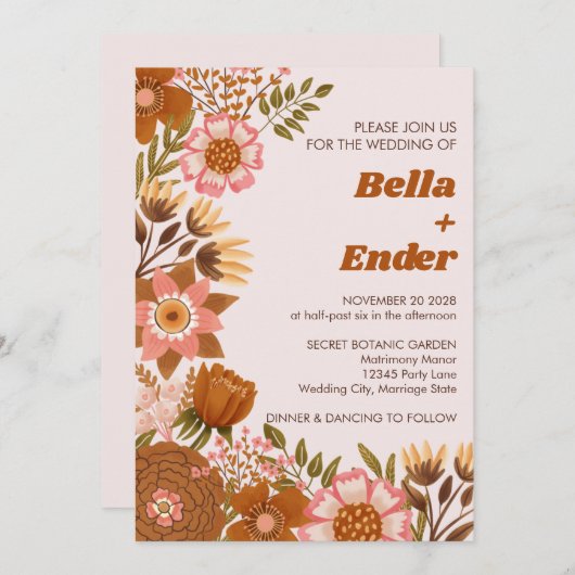 Invitation Boho Fall Flowers Terracotta Mariage (Devant / Derrière)