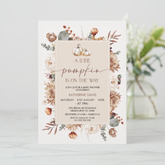 Invitation Boho Fall Little Baby shower Citrouille (Debout devant)