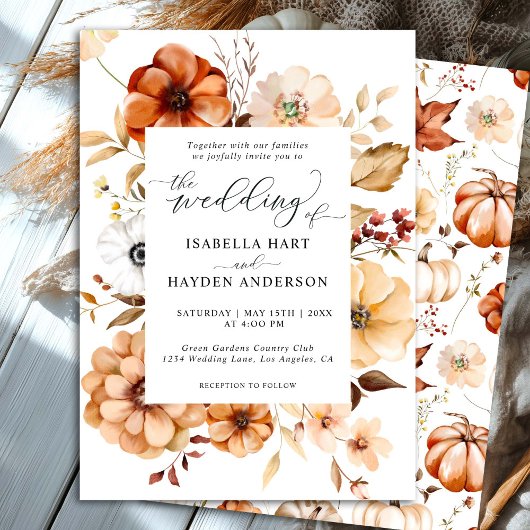 Invitation Boho Fall Rust Beige Floral Citrouille Mariage