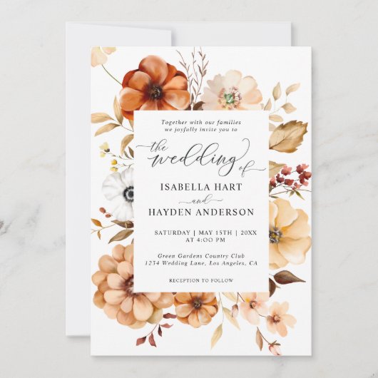 Invitation Boho Fall Rust Beige Floral Citrouille Mariage (Devant)