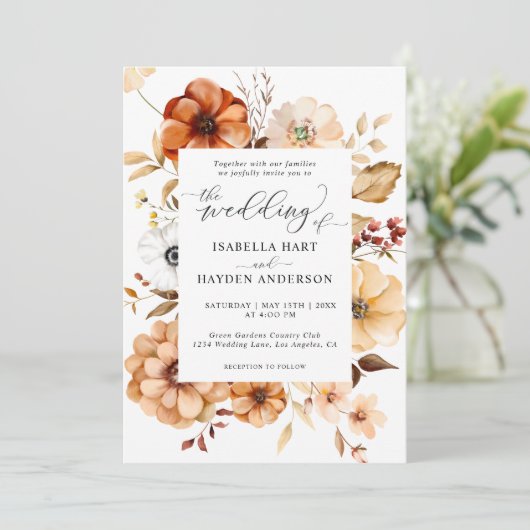 Invitation Boho Fall Rust Beige Floral Citrouille Mariage (Debout devant)