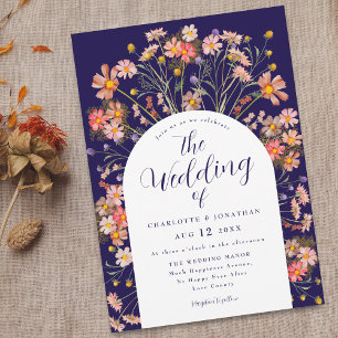 Invitation Boho Fall Rustic Floral Arch Mariage bleu marine