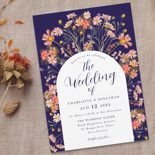 Invitation Boho Fall Rustic Floral Arch Mariage bleu marine