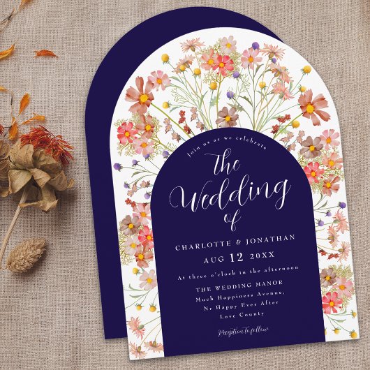 Invitation Boho Fall Rustic Floral Arch Mariage bleu marine