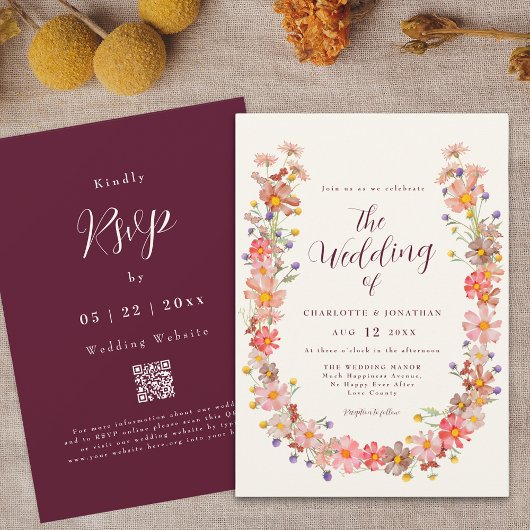Invitation Boho Fall Rustique Floral QR Code Mariage